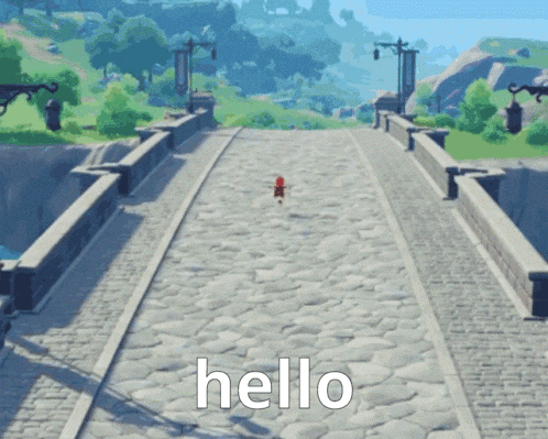 a video game character is walking across a stone bridge and the word hello is on the bottom