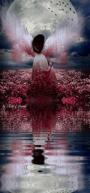 a woman in a white dress is standing in a field of pink flowers