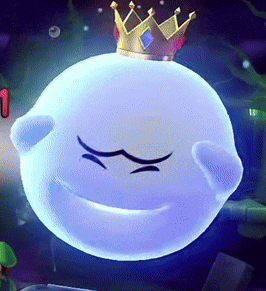 a blue ghost with a crown on its head is smiling