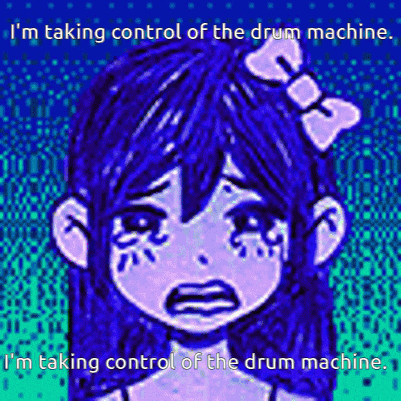 a girl with blue hair and a bow in her hair is crying with the words i 'm taking control of the drum machine