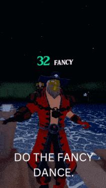 a video game character named 32 fancy is standing on a rock near the water