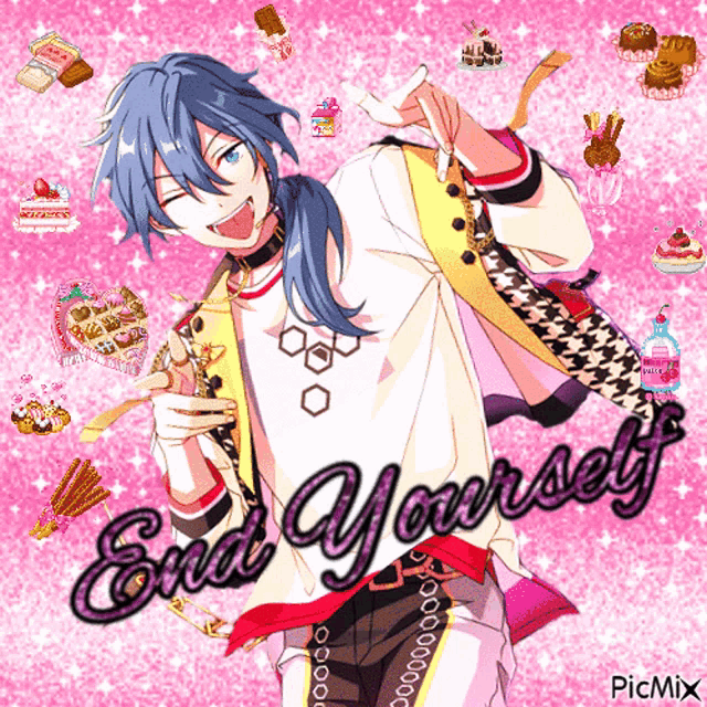 a picture of a man with blue hair and the words end yourself