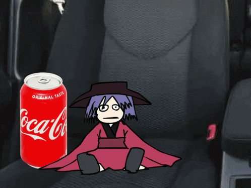 a can of coca cola sits in the back seat of a car next to a cartoon character