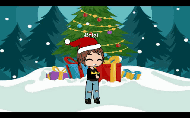 brigi is standing in front of a christmas tree and presents