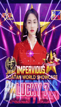 a poster for the impervious roatan world showcase with a girl in a red jacket