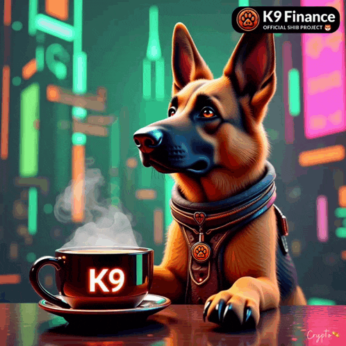 a painting of a german shepherd with a cup of k9 finance coffee