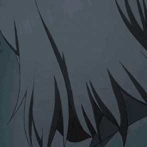 a close up of a person 's face with white hair and a red eye