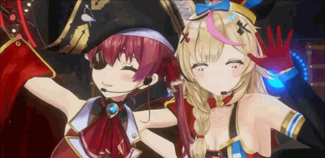 a couple of anime girls standing next to each other with their arms outstretched