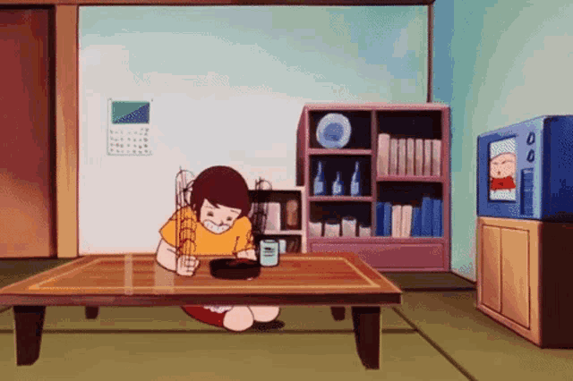 a cartoon character is sitting at a table with a cup of coffee