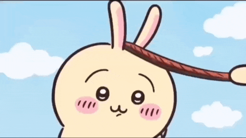 a cartoon rabbit is holding a rope in its mouth against a blue sky with clouds .