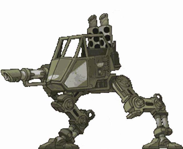 a cartoon drawing of a green robot with a cannon on top