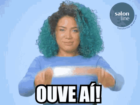 a woman with blue hair is holding a piece of paper and says ouve ai