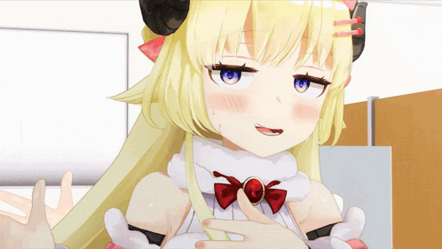 a blonde anime girl with horns and a red bow on her neck