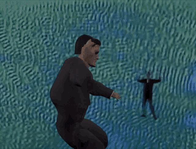 a man with his arms outstretched stands in front of another man
