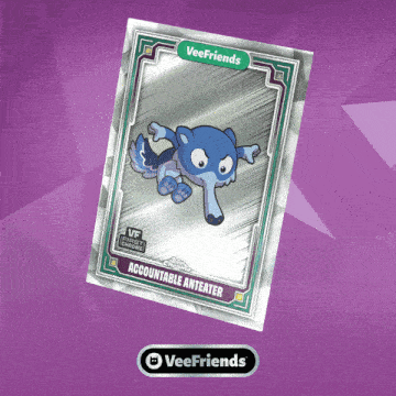 a veefriends accountable anteater card with a purple background