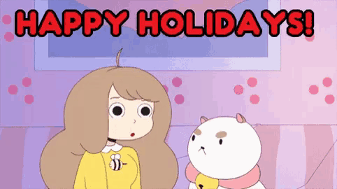 a cartoon of a girl and a cat with the words happy holidays written above them