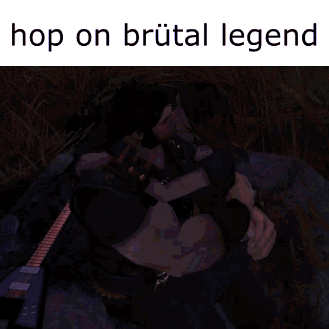 a man and a woman kissing with the words hop on brutal legend below them