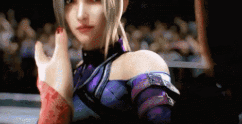 a woman in a video game is giving a middle finger while standing in front of a crowd .
