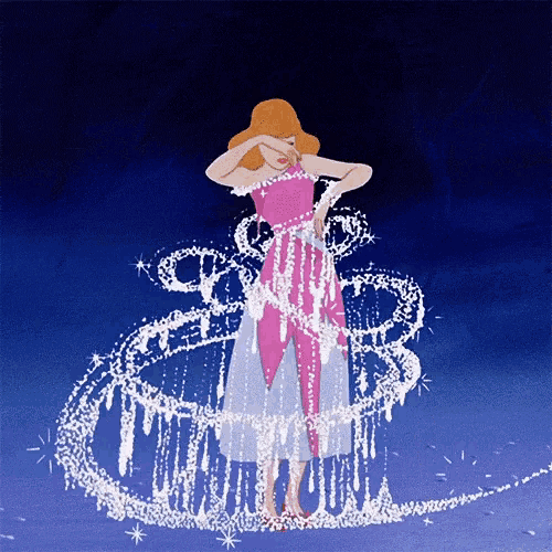 a cartoon of cinderella in a pink dress surrounded by glitter