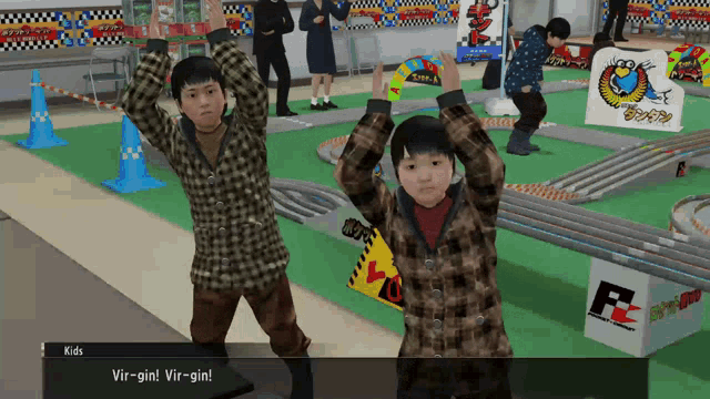 a video game screen shows two young boys dancing and one of them says kids vir-gin vir-gin