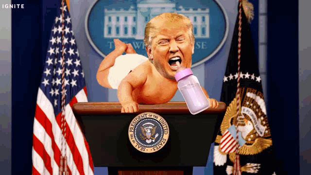 a baby trump is sitting at a podium with a pink bottle in his mouth