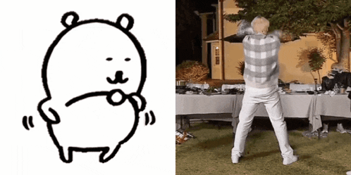 a black and white drawing of a bear and a picture of a person dancing .