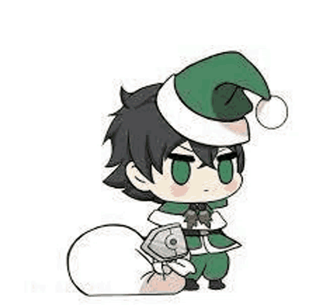 a chibi boy wearing a santa hat is holding a shield and a bag of gifts .