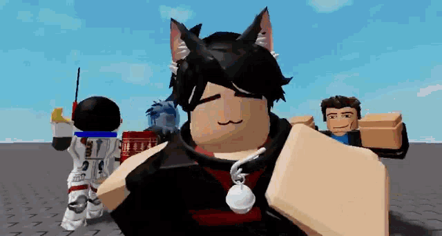 a group of roblox characters are standing next to each other in a room .