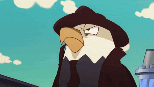 a cartoon eagle wearing a hat holds a piece of paper in its beak