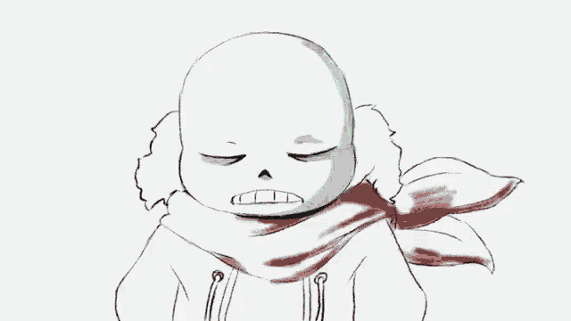 a drawing of a skeleton with green eyes and a scarf around his neck