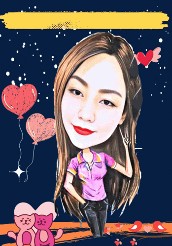 a cartoon drawing of a woman with balloons and hearts