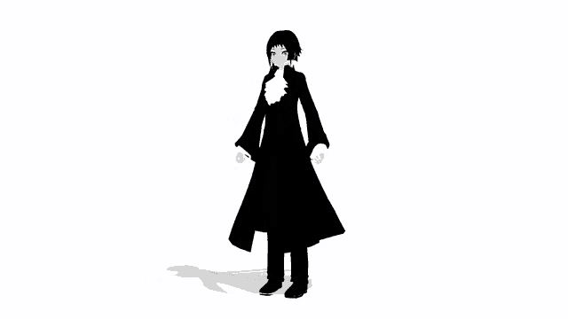a black and white silhouette of a man in a black coat is dancing .