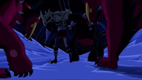 a cartoon drawing of a monster with red eyes and sharp teeth