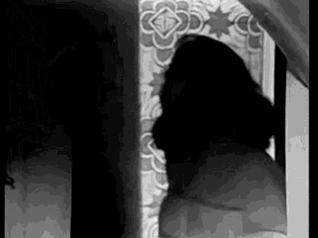 a woman is standing in a doorway in a black and white photo .