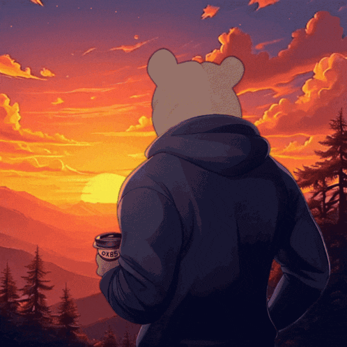 a bear holding a cup of oxbow coffee