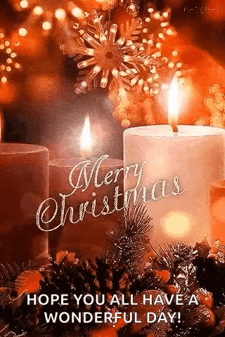 a merry christmas greeting card with two lit candles and pine cones