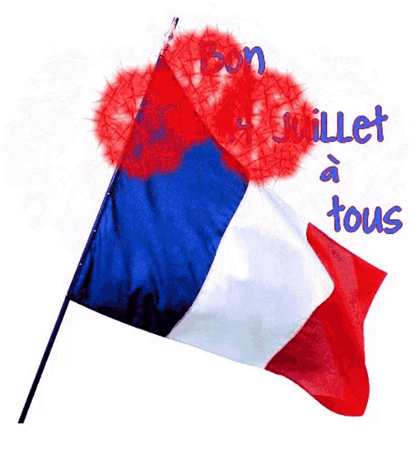 a blue white and red flag with bon 4 juillet tous written on the bottom