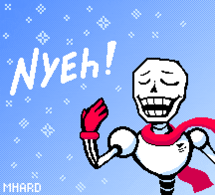 a pixel art drawing of a skeleton waving with the word nyeh above him