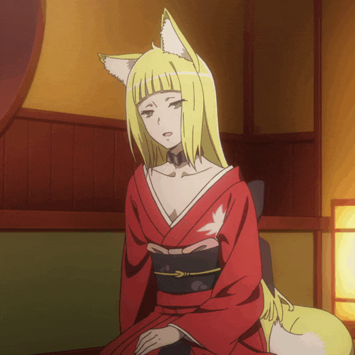 a woman with fox ears and a red kimono