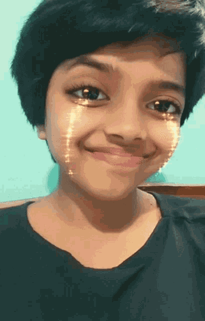 a close up of a girl 's face with sparkles on her face