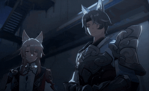two anime characters are standing next to each other and one has the letter n on his shoulder