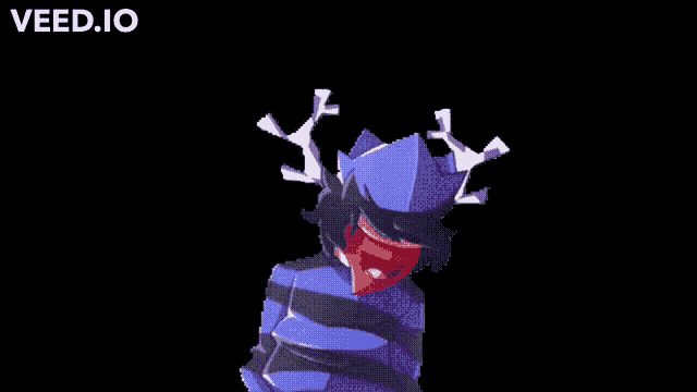 a cartoon character wearing a blue and black striped shirt with antlers on his head