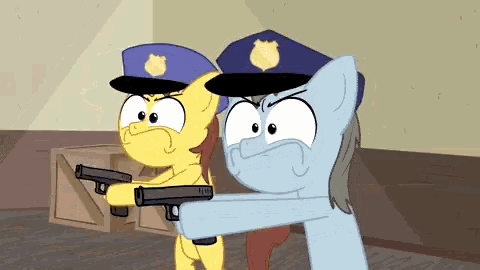 a cartoon of two ponies in police hats pointing guns