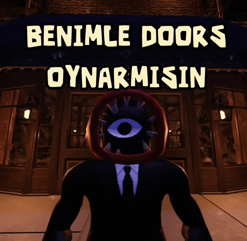a man in a suit and tie stands in front of a sign that says " benimle doors oynarmisin "