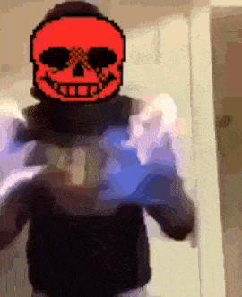 a pixel art drawing of a person with a red skull on their head