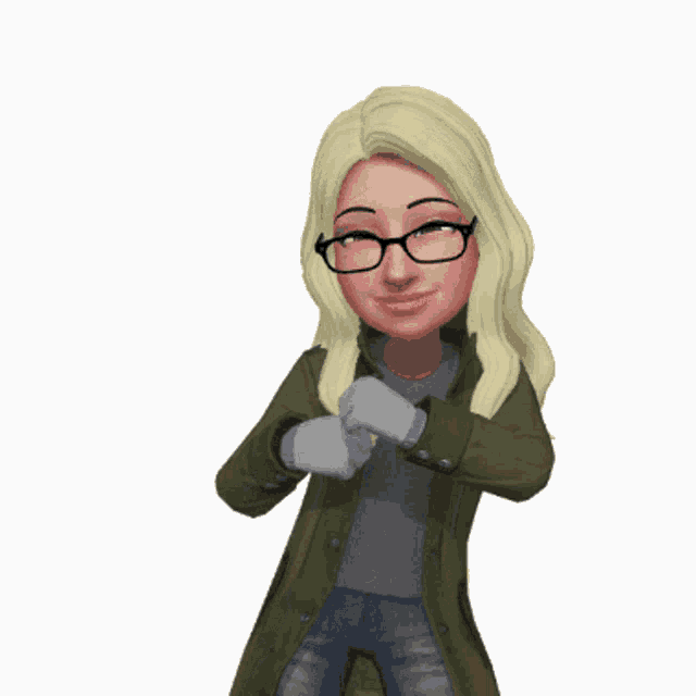 a cartoon woman wearing glasses and a green jacket