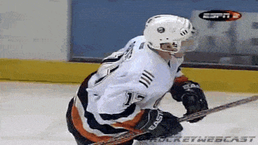 a hockey player with the number 17 on his jersey is holding a hockey stick
