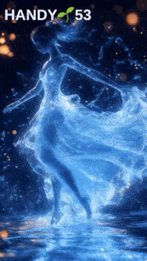 a woman in a blue dress is dancing in the water with handy 53 in the corner