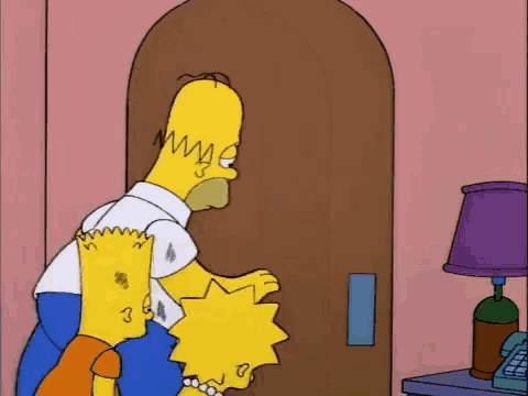 homer simpson and bart simpson are standing in front of a door in a room .