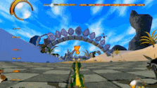 a video game with a cartoon character and a purple archway